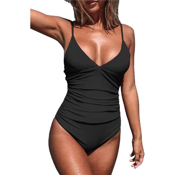 Women's One Piece Swimsuit Tummy Control V Neck Bathing Suits - Picture 2 of 6